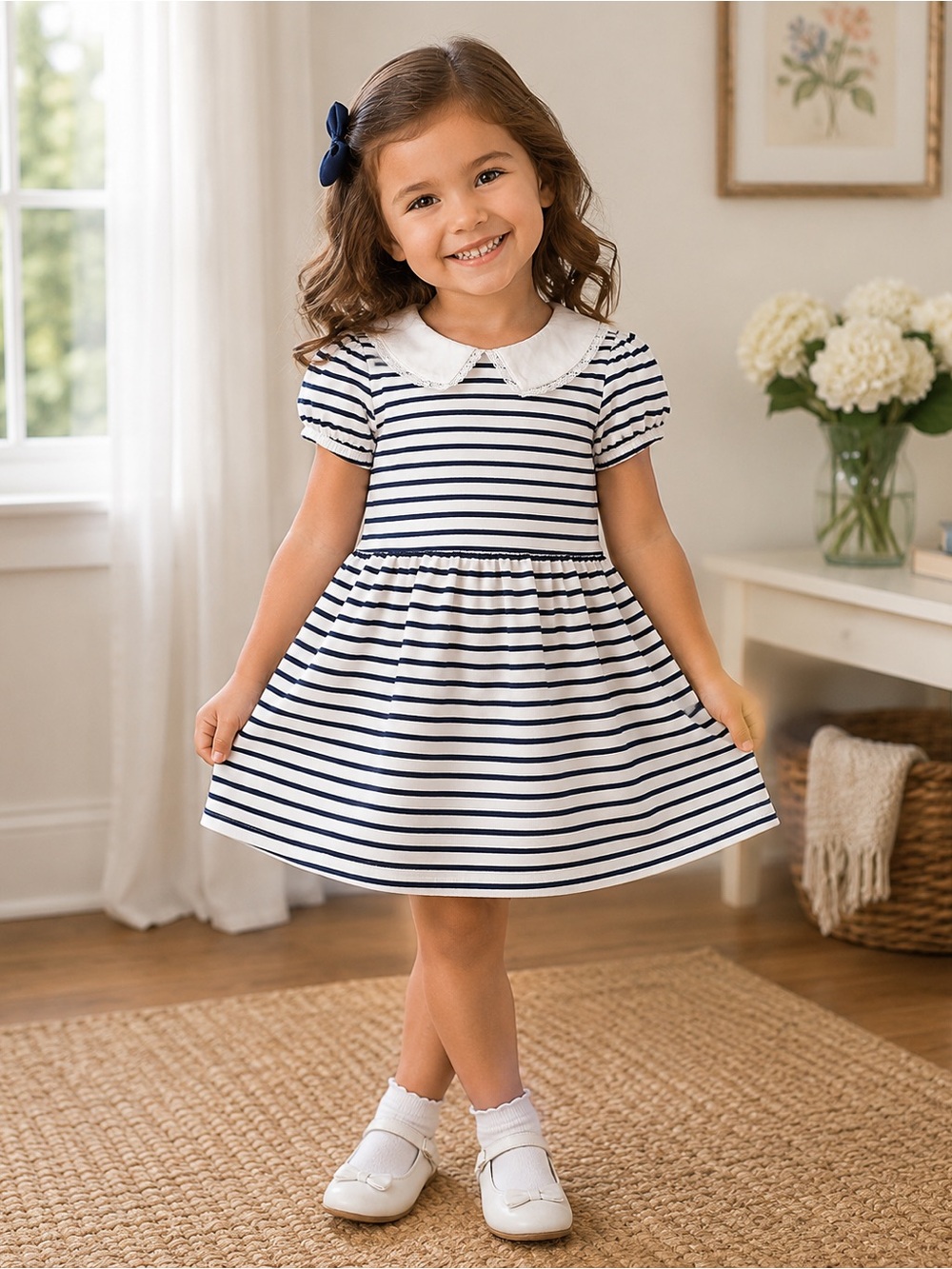 Janie and Jack navy blue & white striped dress, lace trimmed Peter Pan Collar
